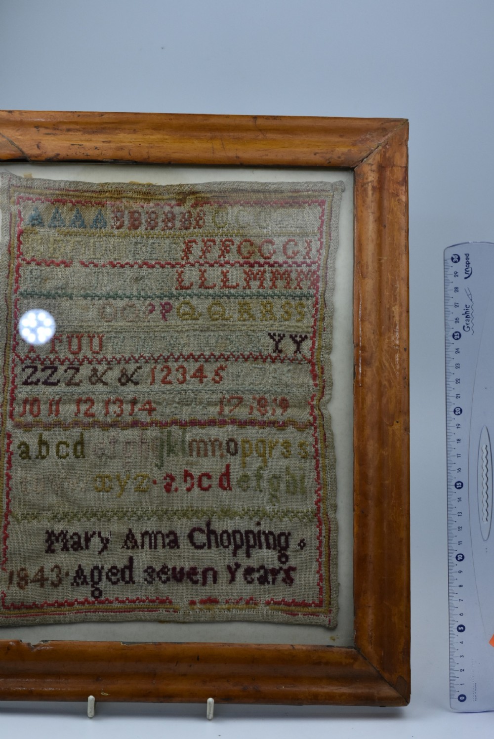 Delightful Alphabet Sampler Dated 1843 in Maple Veneered frame View VII