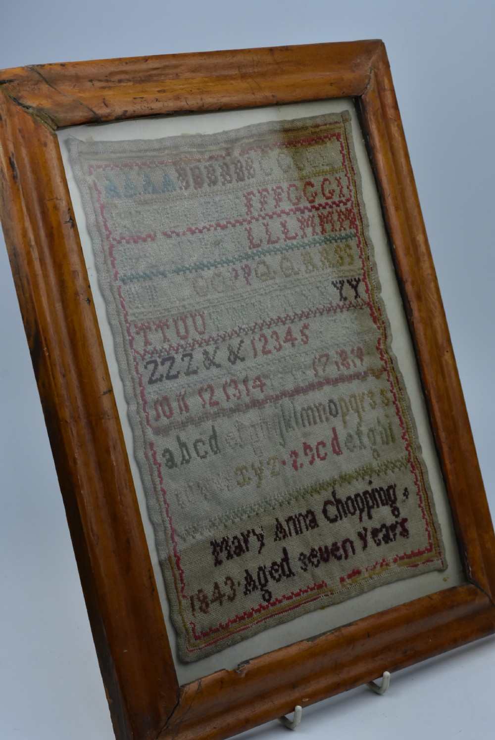 Delightful Alphabet Sampler Dated 1843 in Maple Veneered frame View VIII
