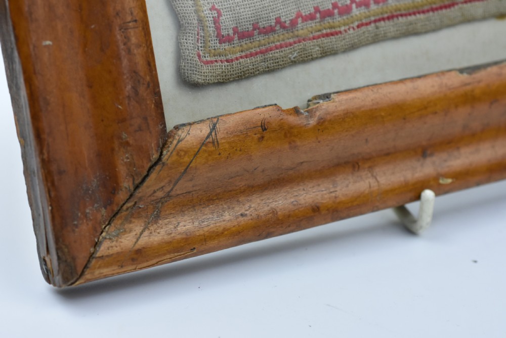 Delightful Alphabet Sampler Dated 1843 in Maple Veneered frame View IX