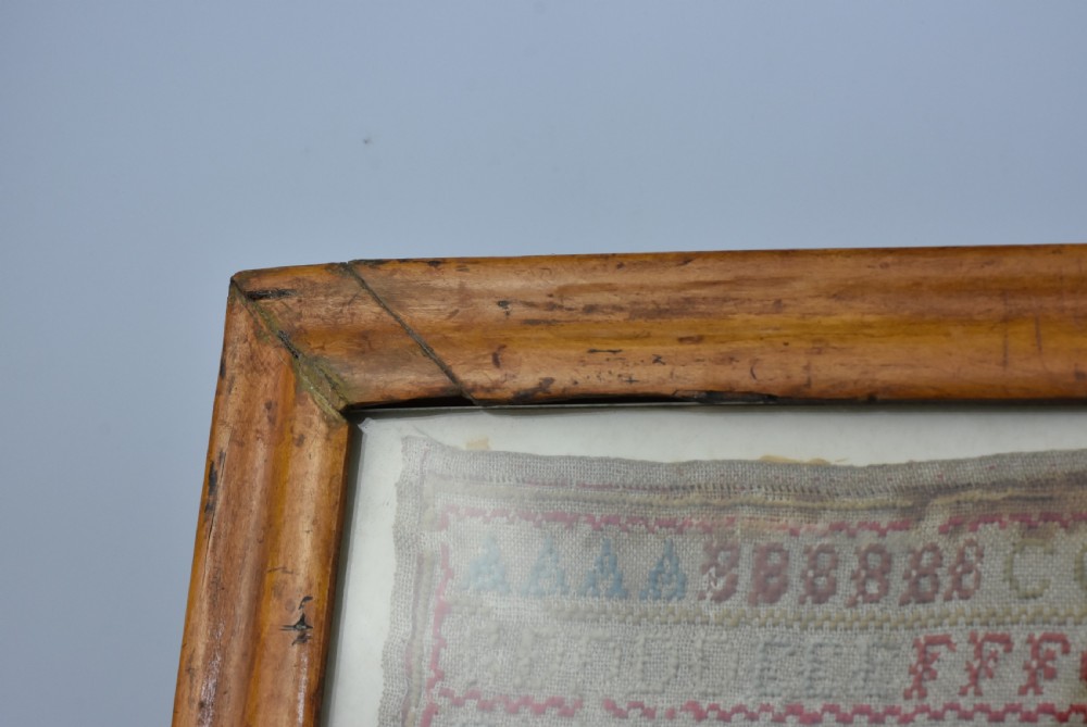 Delightful Alphabet Sampler Dated 1843 in Maple Veneered frame View XI