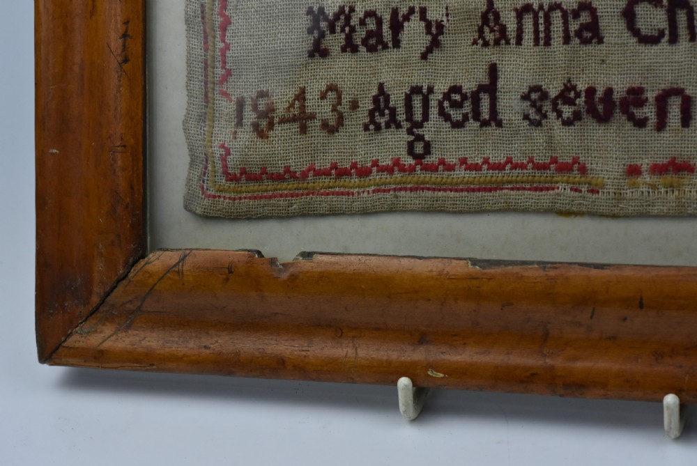 Delightful Alphabet Sampler Dated 1843 in Maple Veneered frame View XIII