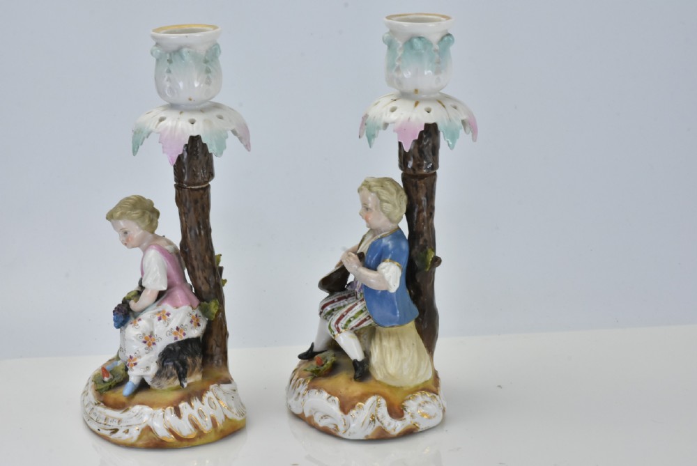 Delightful Pair of Sitzendorf Porcelain Figural Candlesticks c1880 View II