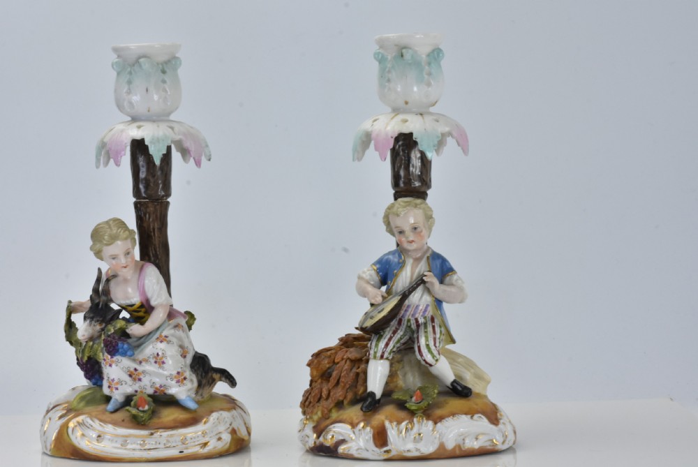 Delightful Pair of Sitzendorf Porcelain Figural Candlesticks c1880 View III