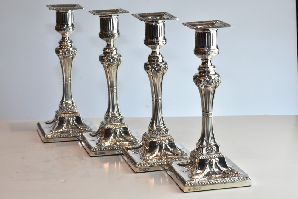  Rare Set of Four Handsome Silver Candlesticks c1900 Hawksworth & Eyre View XII