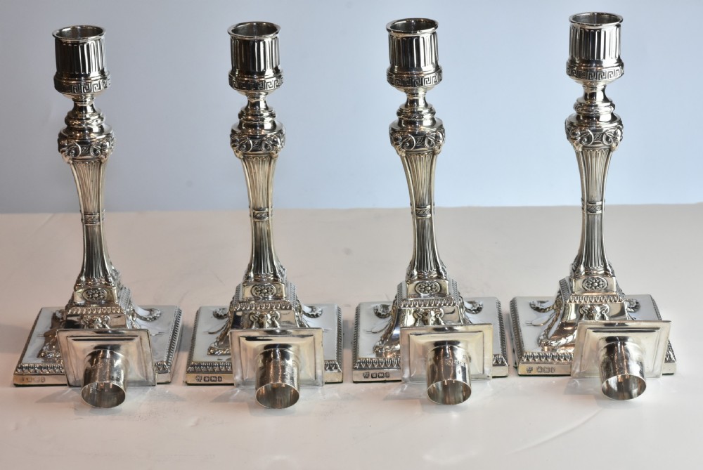  Rare Set of Four Handsome Silver Candlesticks c1900 Hawksworth & Eyre View XV