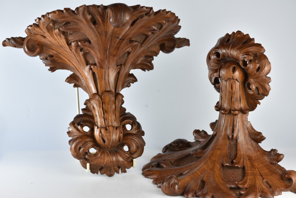 Stunning Carved 19thc Pair Carved Wooden Shelf Brackets View III