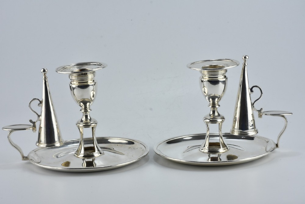 Fine Rare Matching Pair of of John Emes George III Sterling Silver Chamber Sticks 1807