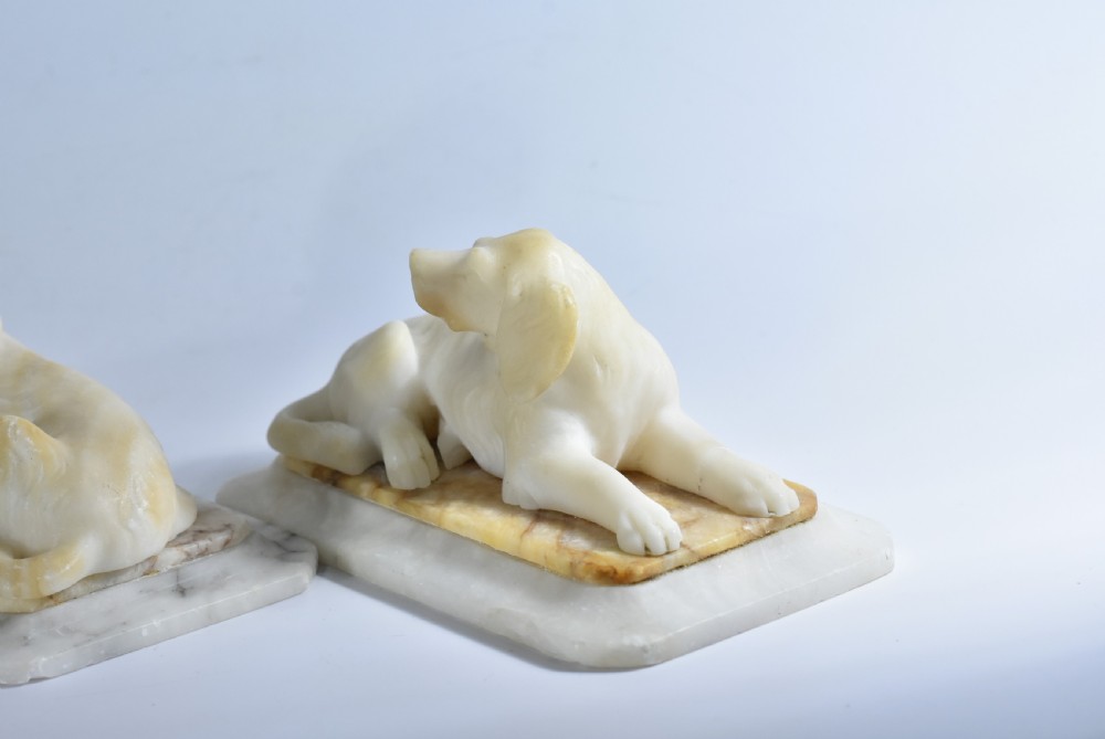 Fine pair of vintage carved alabaster recumbent dogs on a marble base c1900 View VII