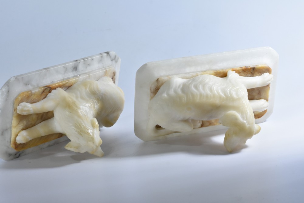 Fine pair of vintage carved alabaster recumbent dogs on a marble base c1900 View X
