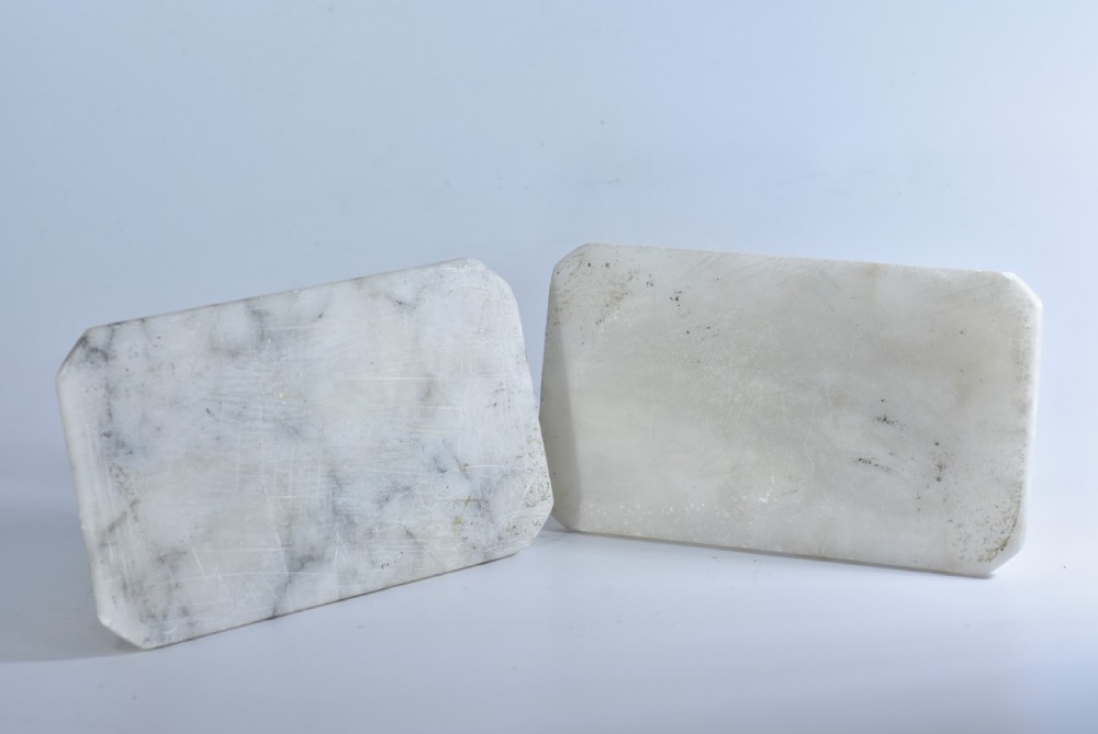 Fine pair of vintage carved alabaster recumbent dogs on a marble base c1900 View XI