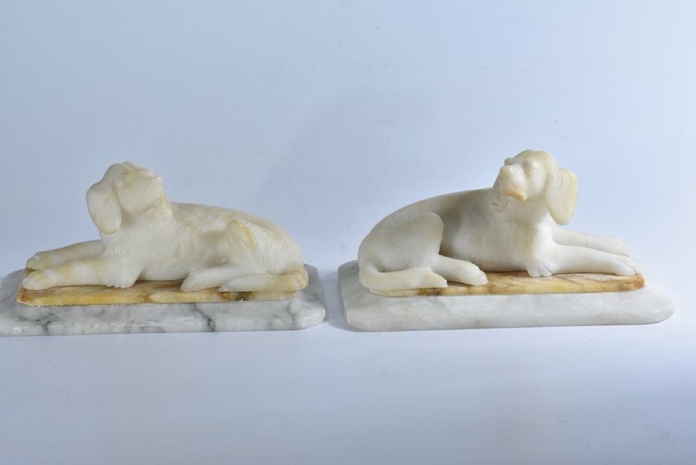 Fine pair of vintage carved alabaster recumbent dogs on a marble base c1900 View XII