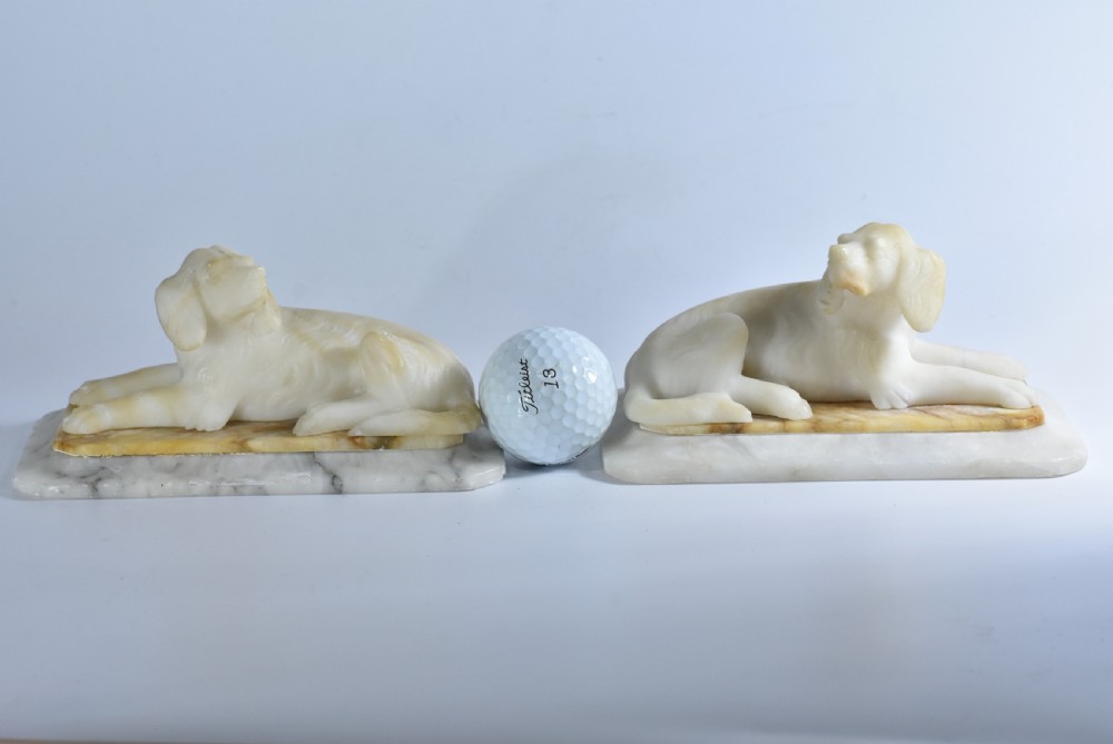 Fine pair of vintage carved alabaster recumbent dogs on a marble base c1900 View XIII