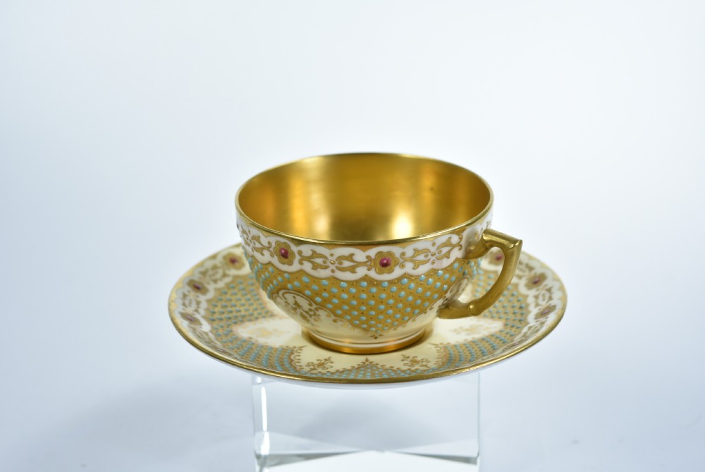 A Coalport Turquoise & Jewelled & Gilt Cabinet Cup & Saucer View II