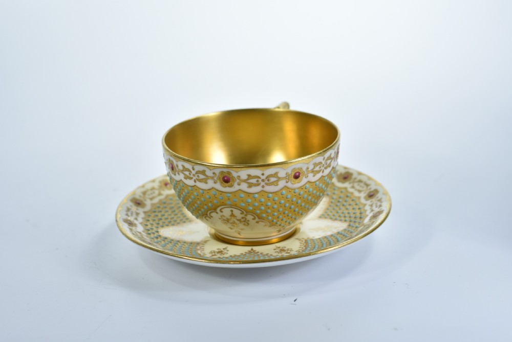 A Coalport Turquoise & Jewelled & Gilt Cabinet Cup & Saucer View IV