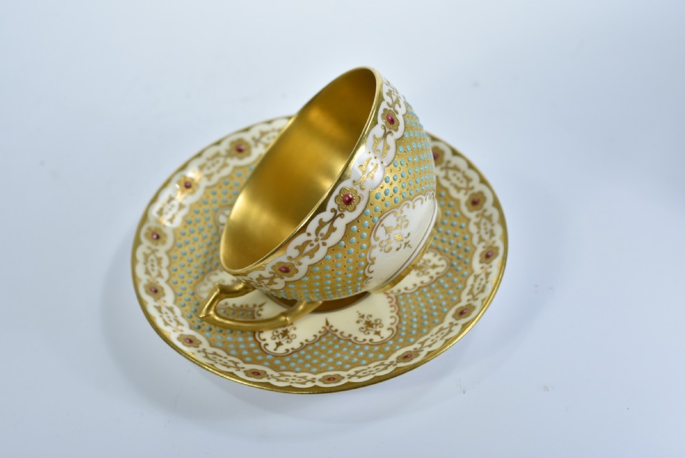 A Coalport Turquoise & Jewelled & Gilt Cabinet Cup & Saucer View X