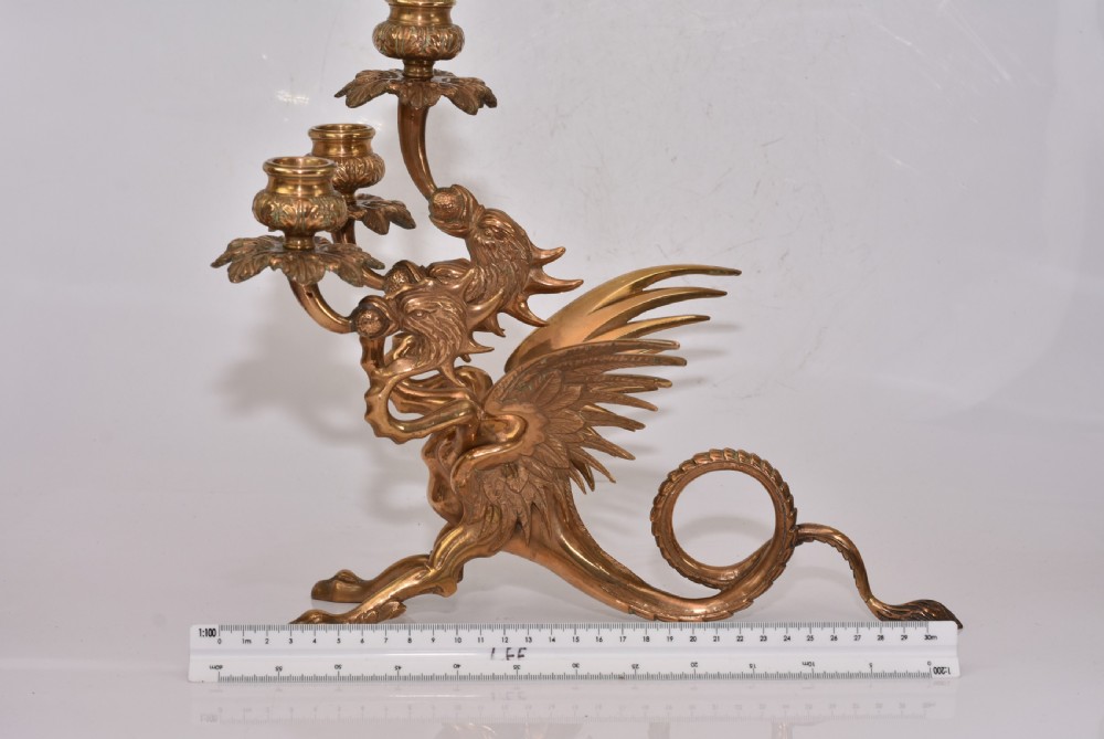 Large Edwardian Triple Brass Winged Dragon Candelabra View III