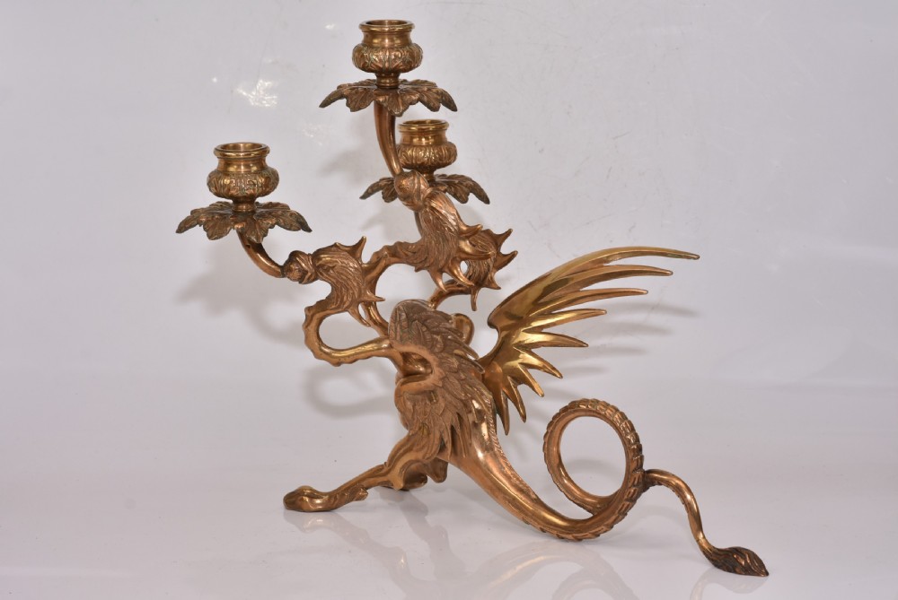 Large Edwardian Triple Brass Winged Dragon Candelabra View II