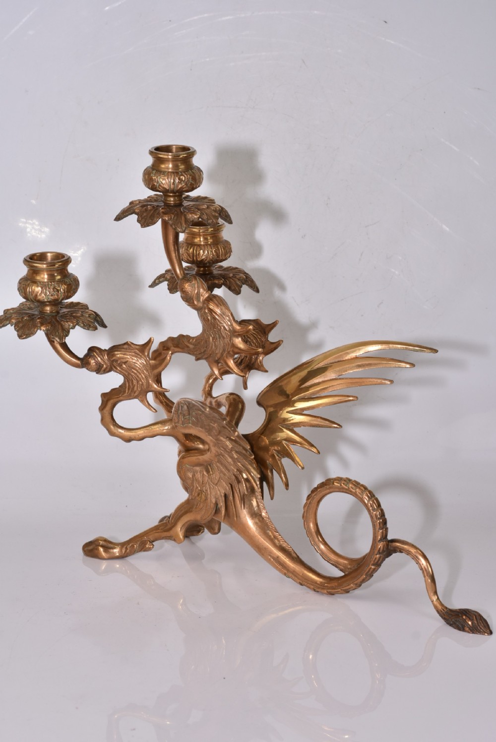 Large Edwardian Triple Brass Winged Dragon Candelabra