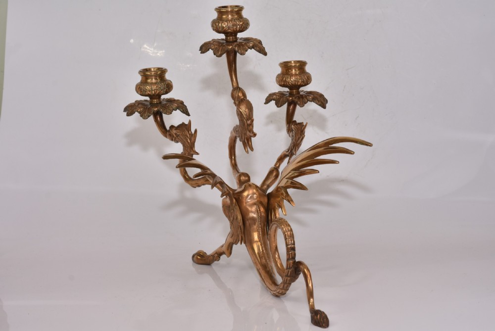 Large Edwardian Triple Brass Winged Dragon Candelabra View IV