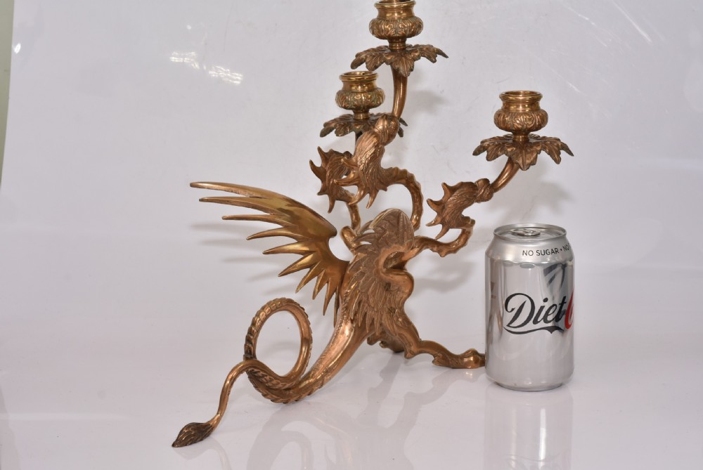 Large Edwardian Triple Brass Winged Dragon Candelabra View V