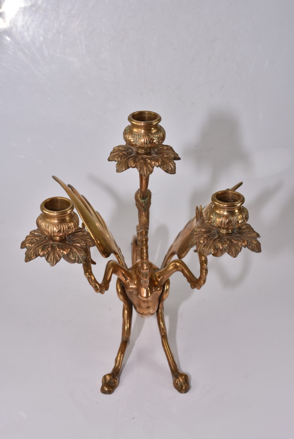 Large Edwardian Triple Brass Winged Dragon Candelabra View VI