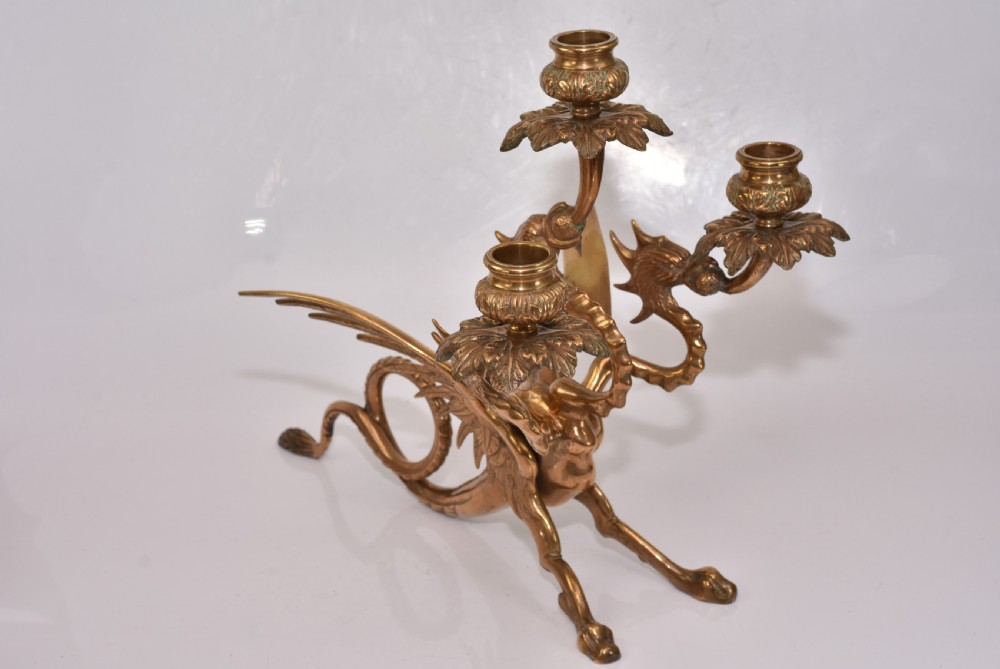 Large Edwardian Triple Brass Winged Dragon Candelabra View VII