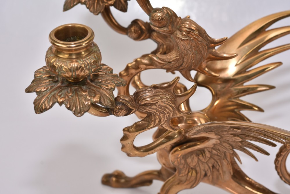Large Edwardian Triple Brass Winged Dragon Candelabra View VIII