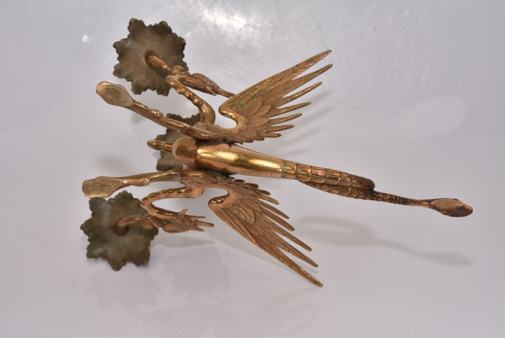 Large Edwardian Triple Brass Winged Dragon Candelabra View X