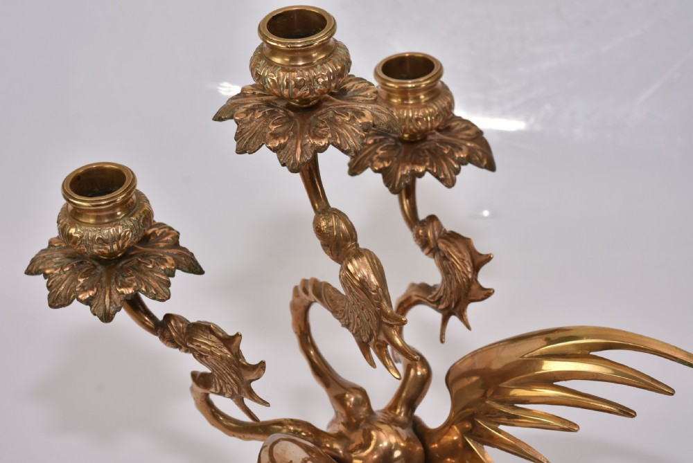 Large Edwardian Triple Brass Winged Dragon Candelabra View XII