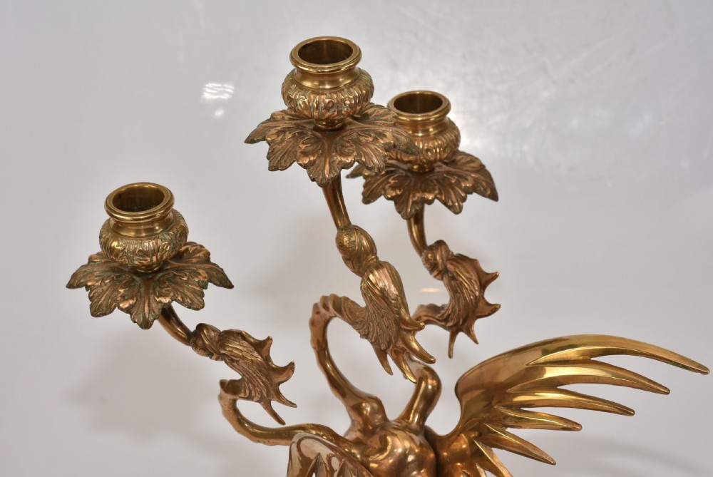 Large Edwardian Triple Brass Winged Dragon Candelabra View XIII