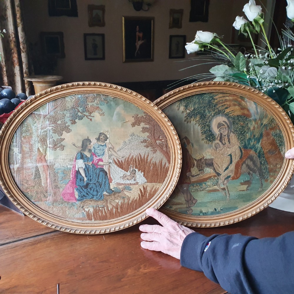 Exquisite Pair of Georgian Antique Silk-work Embroideries 
