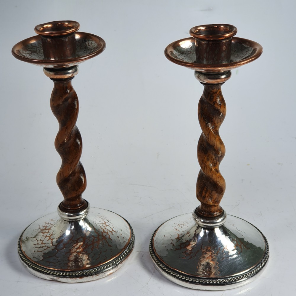 Fabulous AE Jones Barley twist & Hand Beaten SP Copper Candlesticks 
