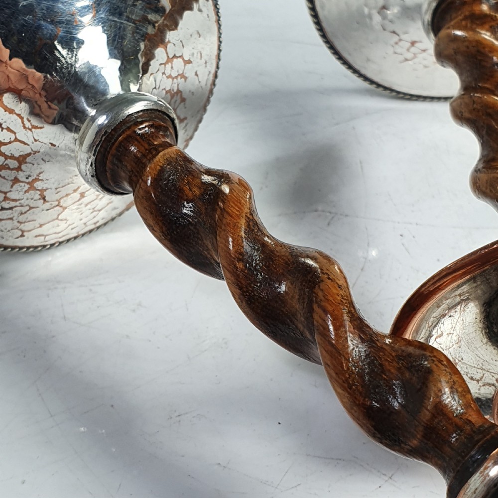 Fabulous AE Jones Barley twist & Hand Beaten SP Copper Candlesticks  View II