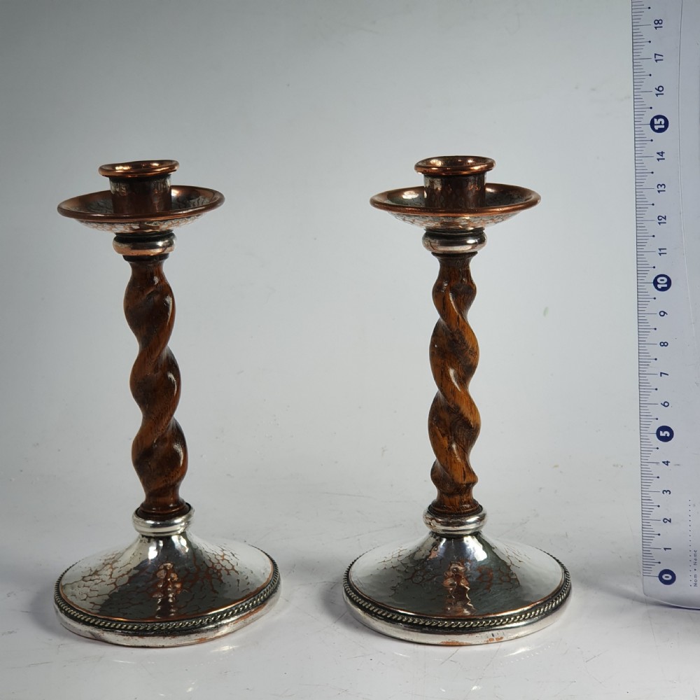 Fabulous AE Jones Barley twist & Hand Beaten SP Copper Candlesticks  View IV