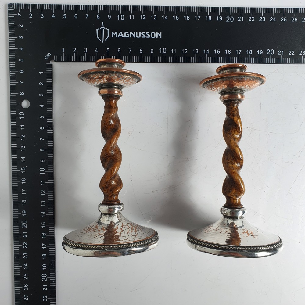Fabulous AE Jones Barley twist & Hand Beaten SP Copper Candlesticks  View V