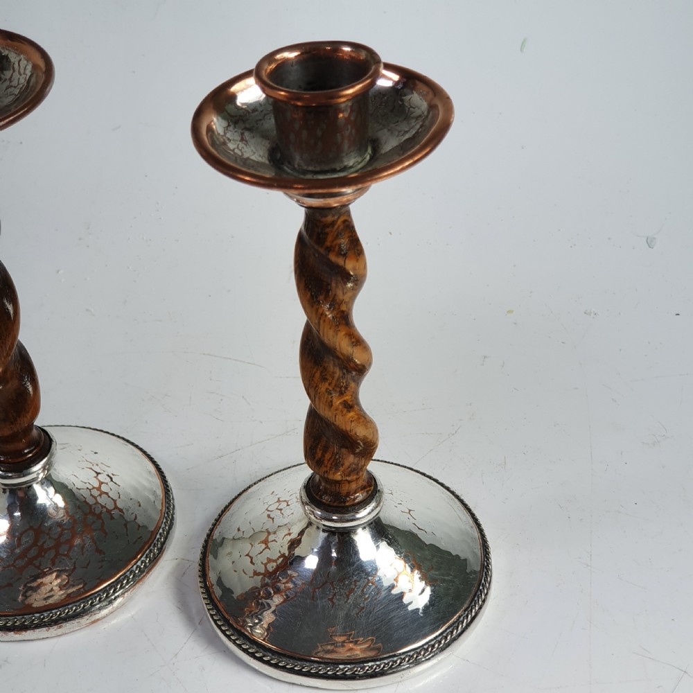 Fabulous AE Jones Barley twist & Hand Beaten SP Copper Candlesticks  View VI