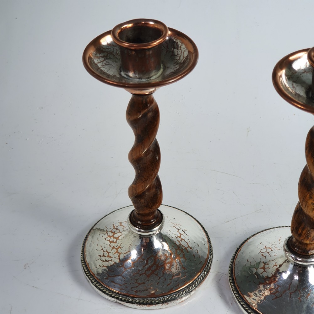 Fabulous AE Jones Barley twist & Hand Beaten SP Copper Candlesticks  View VII