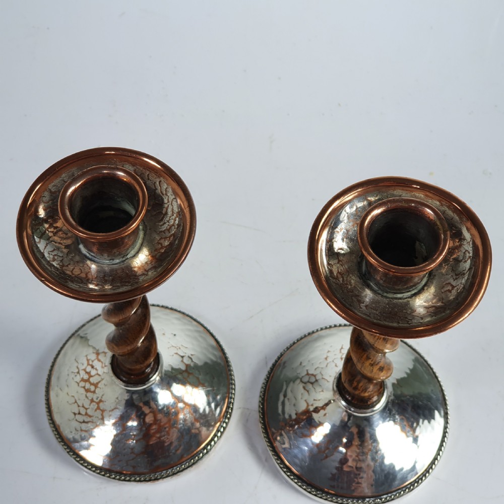 Fabulous AE Jones Barley twist & Hand Beaten SP Copper Candlesticks  View VIII
