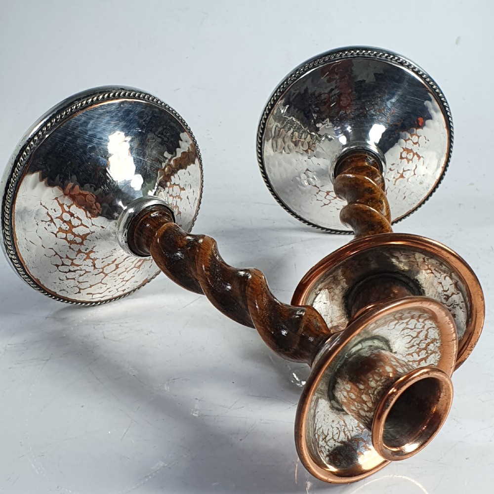 Fabulous AE Jones Barley twist & Hand Beaten SP Copper Candlesticks  View IX