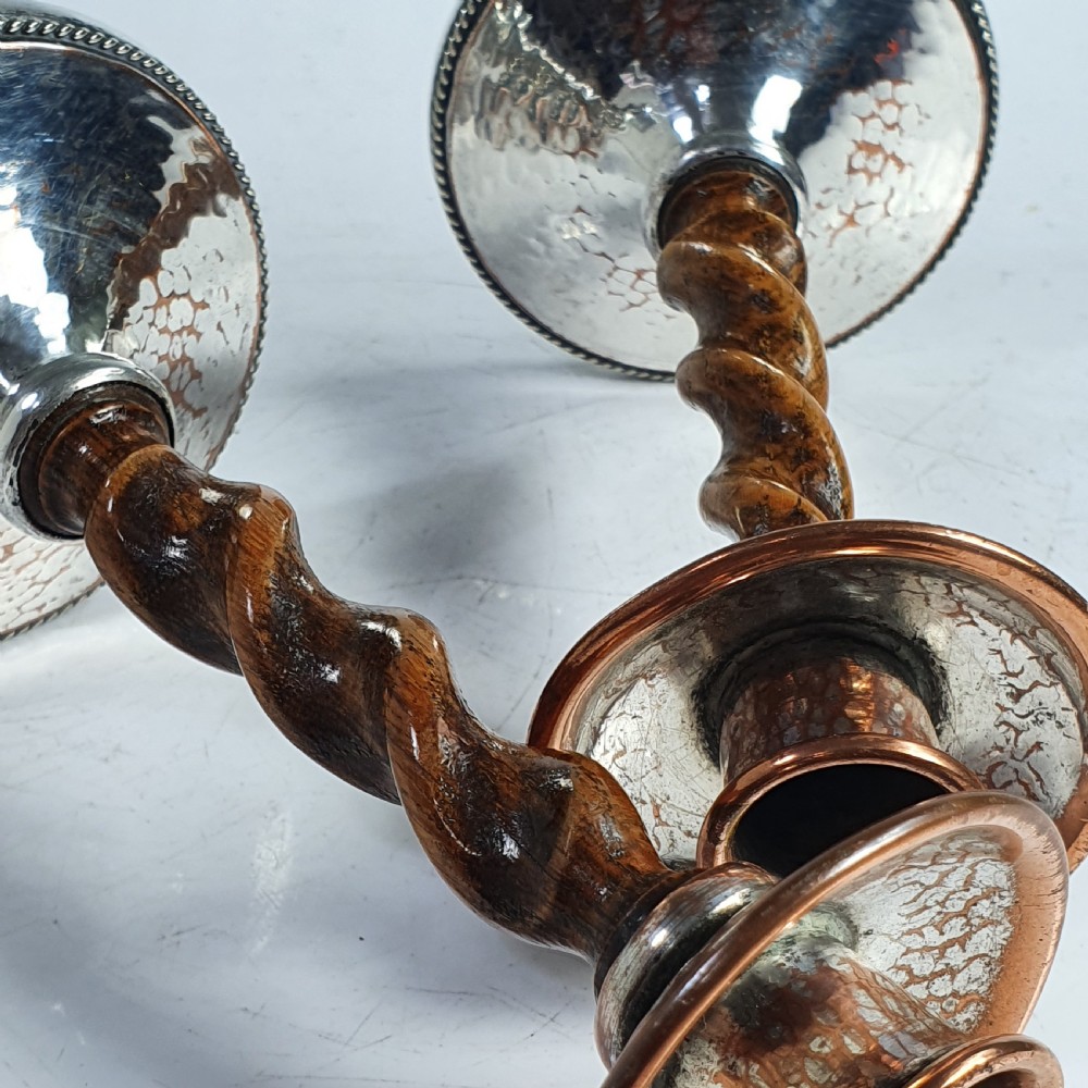 Fabulous AE Jones Barley twist & Hand Beaten SP Copper Candlesticks  View X