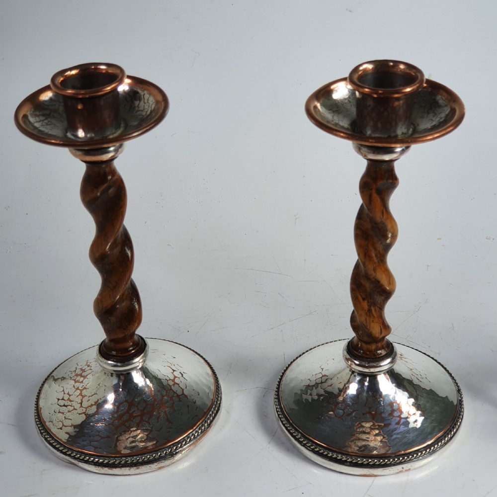 Fabulous AE Jones Barley twist & Hand Beaten SP Copper Candlesticks  View XI