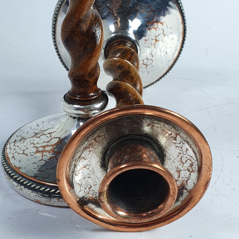 Fabulous AE Jones Barley twist & Hand Beaten SP Copper Candlesticks  View XII