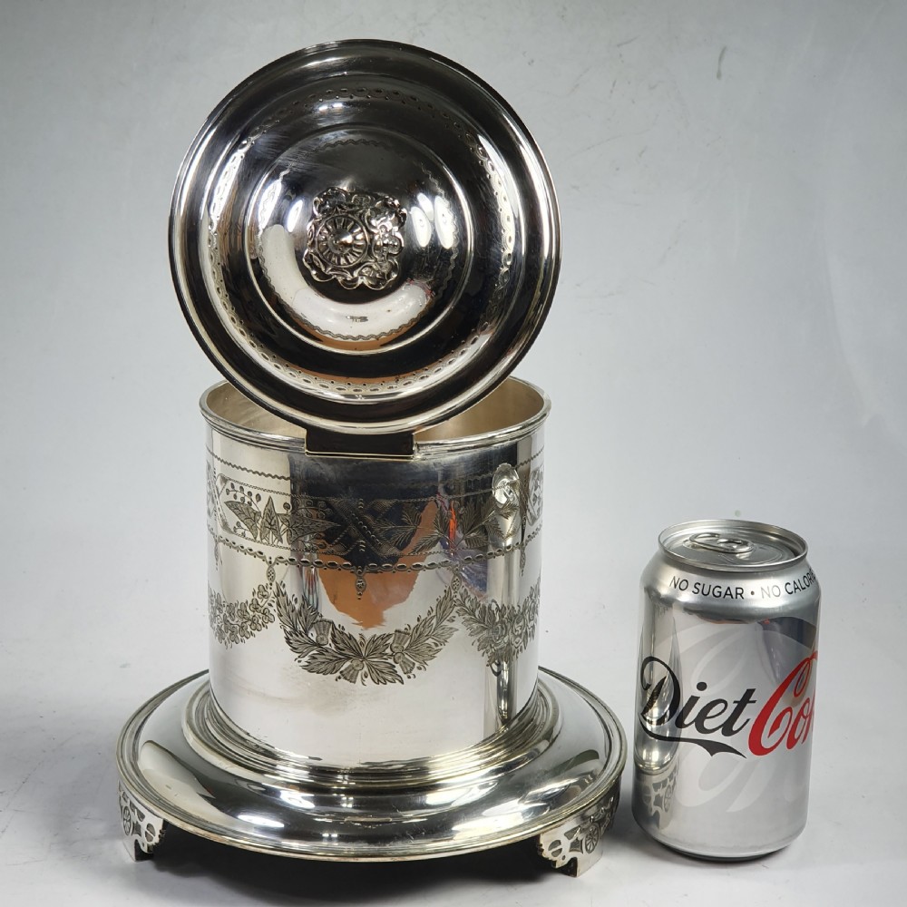 Fine Large Victorian Silver Plated Engraved Biscuit Barrel View II