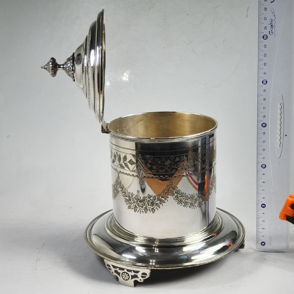 Fine Large Victorian Silver Plated Engraved Biscuit Barrel View III