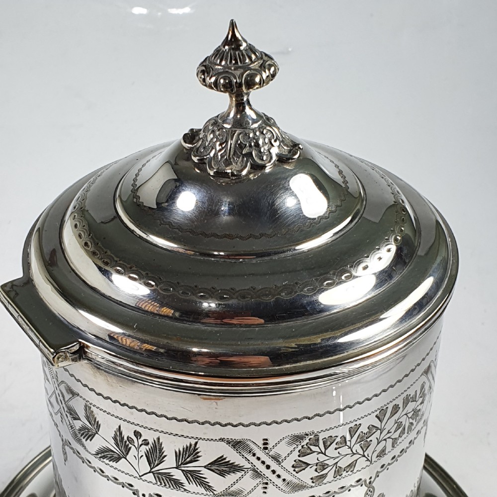 Fine Large Victorian Silver Plated Engraved Biscuit Barrel View V