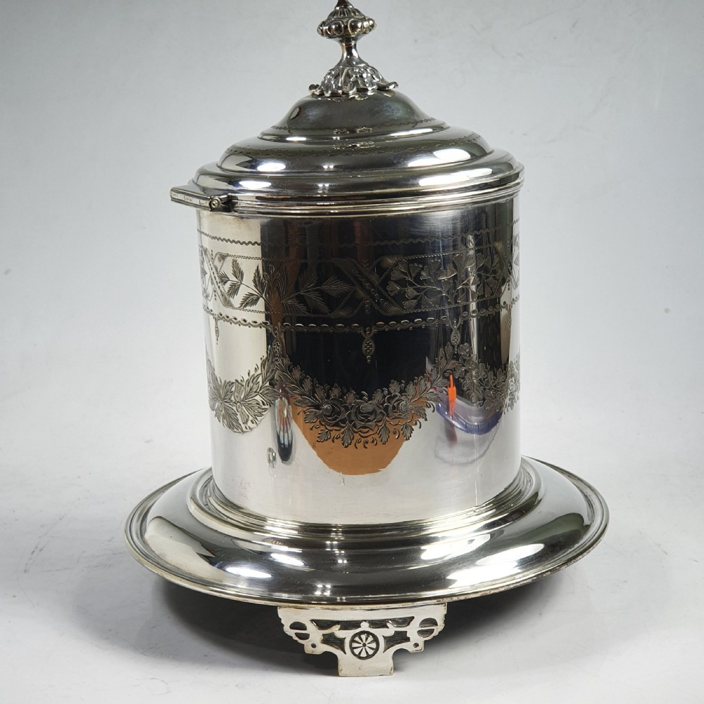 Fine Large Victorian Silver Plated Engraved Biscuit Barrel View IX