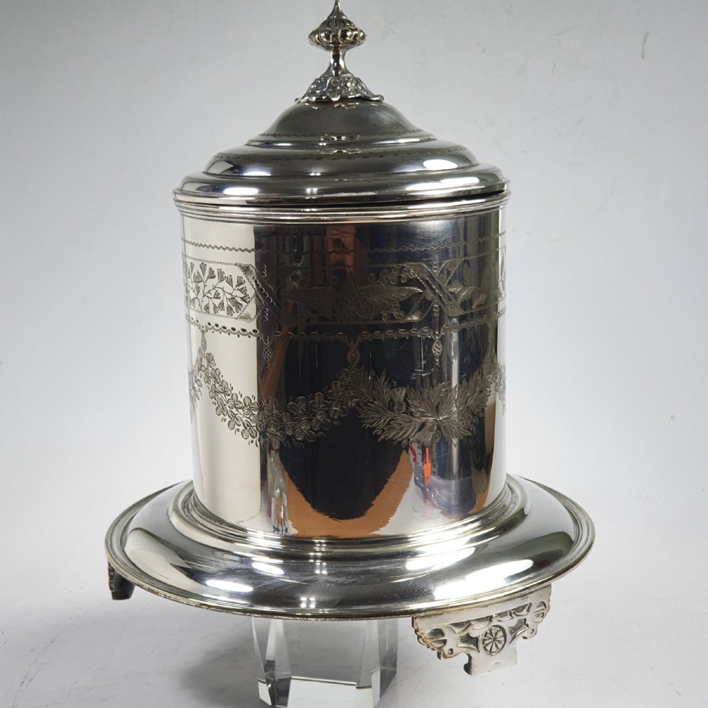 Fine Large Victorian Silver Plated Engraved Biscuit Barrel View X