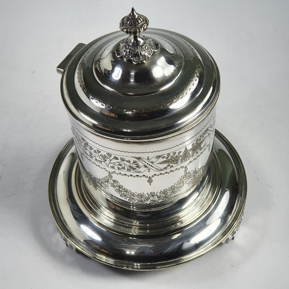 Fine Large Victorian Silver Plated Engraved Biscuit Barrel View XIII