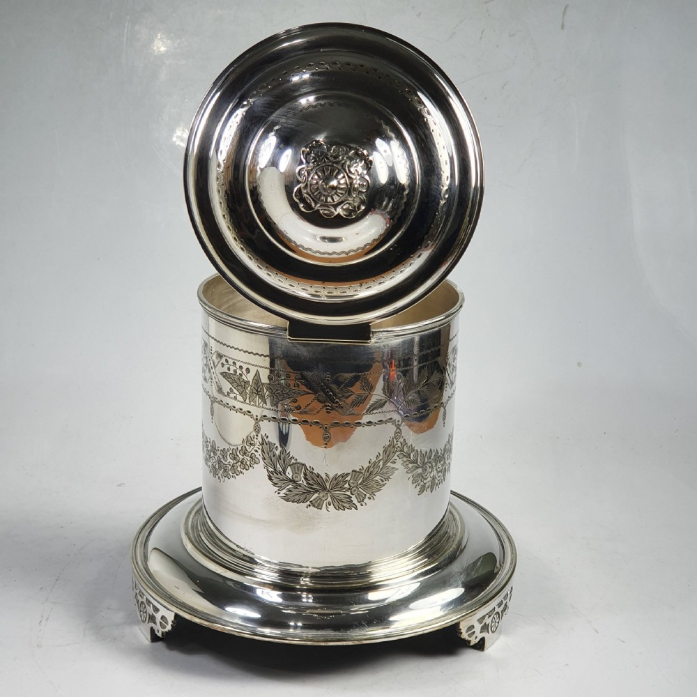 Fine Large Victorian Silver Plated Engraved Biscuit Barrel View XIV