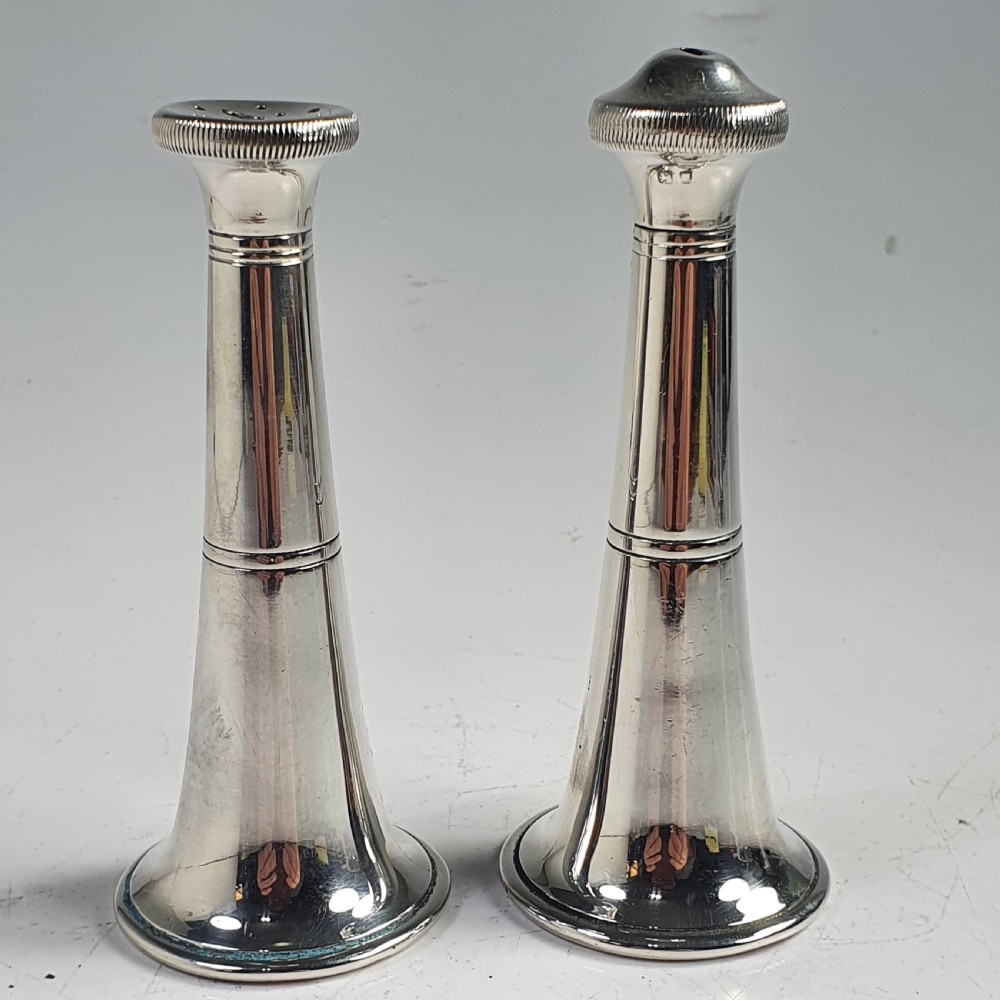 Stylish 1950s Garrard & Co Silver Conical Salt & Pepper Set View X